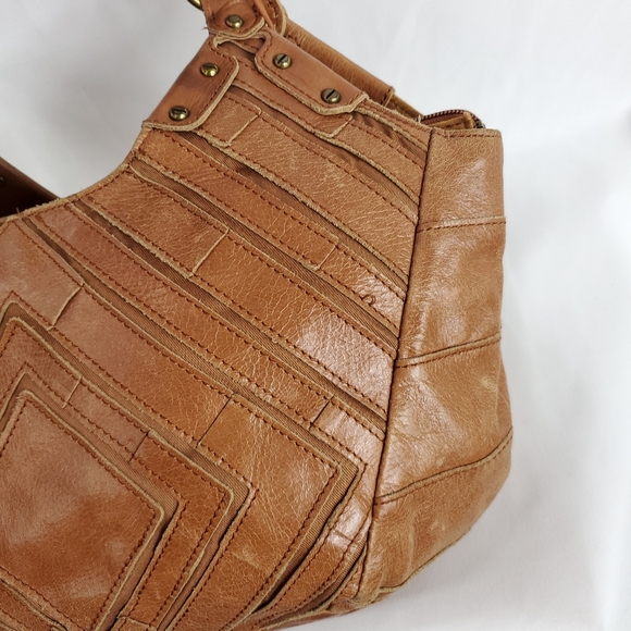 The Sak Leather Patterned Shoulder Bag Brown Leather Zipper Top - Picture 4 of 15